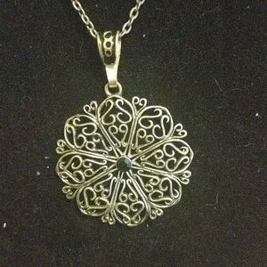 Large Silver tone Flower with Black jewel 18 inch